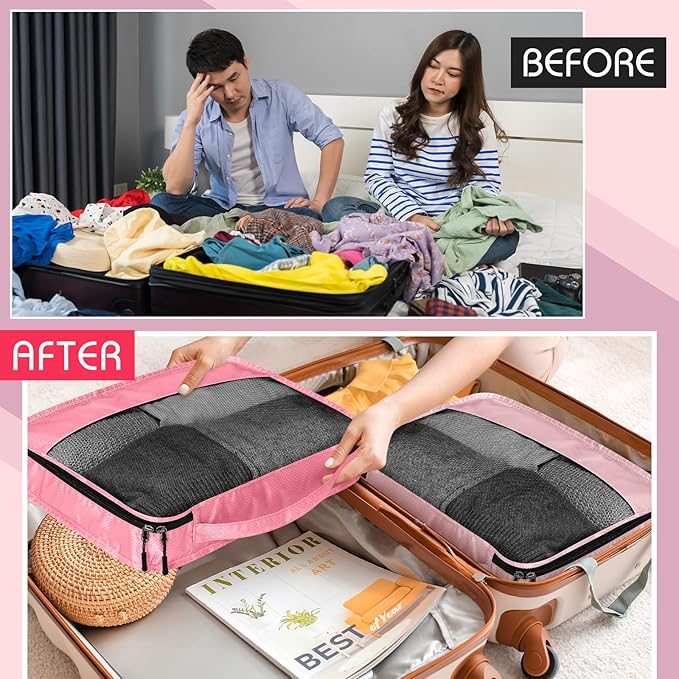 5 Pcs Packing Cubes for Suitcase Large Travel Cubes Carry on Luggage Organizer Bags for Clothes Accessories(L,Pink)