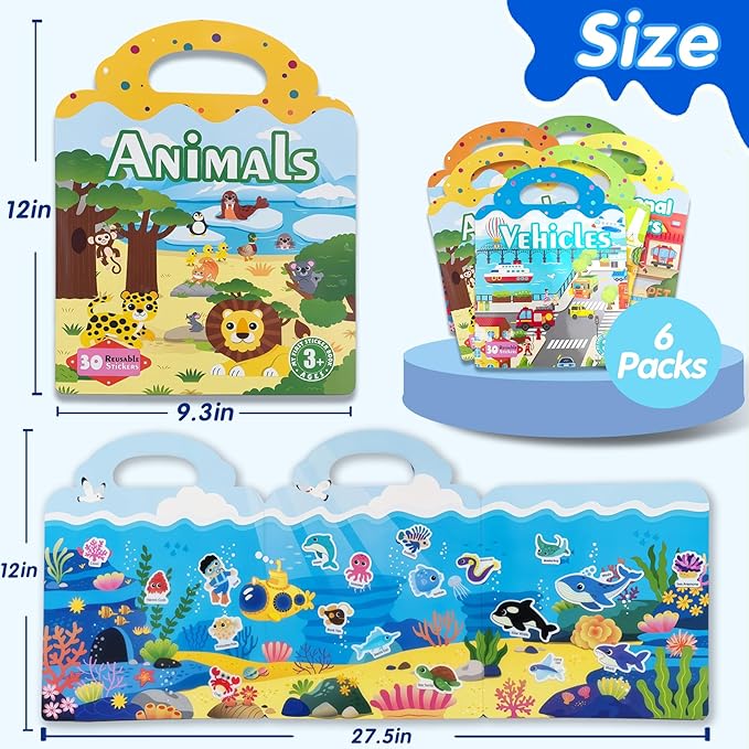 6 Sets Reusable Sticker Book for Kids, Puffy Jelly Stickers for Toddlers, Travel Essentials Craft Activities Toys for Boys Girls Birthday Gifts
