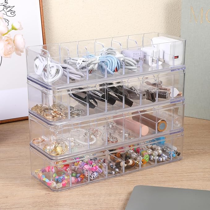 4 Pcs Cord Storage Organizer Clear Plastic Cable Storage Box with 40 Silicone Wire Ties, Cord Organizer Box with Lid for Home Office Desk Organization, Jewelry and Accessories