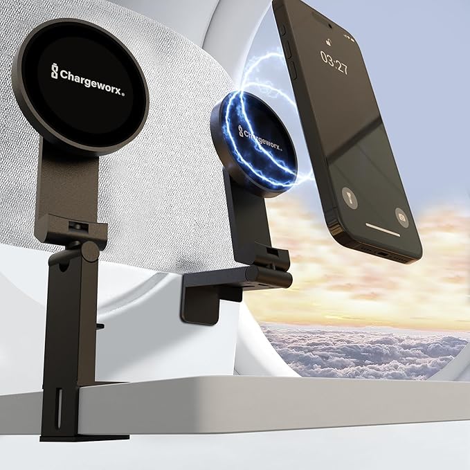 CHARGEWORX Magnetic Phone Holder for Airplane, Foldable Travel Mount with Clamp and 360 Rotation, MagSafe Compatible iPhone 17 Pro Max and Android, Portable Hands Free Desk and Car Mount