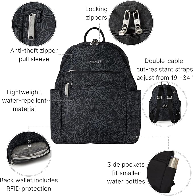Baggallini Securtex® Anti-theft Vacation Travel Backpack 10x13 Slash-Resistant Nylon Daypack w/RFID, Midnight Blossom