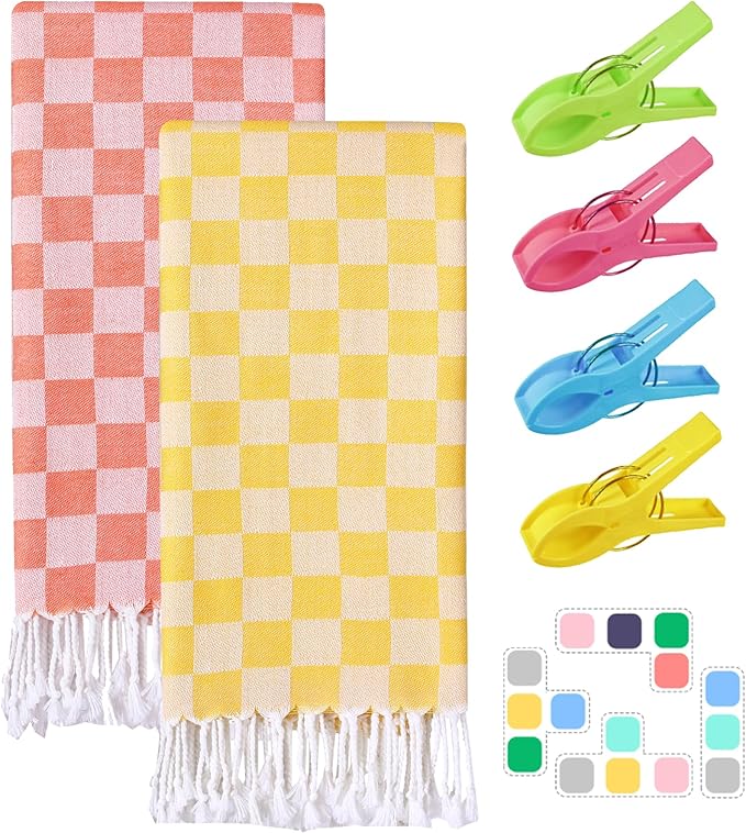 Antfuny 2 Packs Turkish Checkered Towel Bath Spa Pool Beach Blanket Towels Bulk Travel Fast Drying Sand Free Soft Cotton Absorbent XL Giant XXL Huge Multipack Striped Linen Set Long Wide Aesthetic