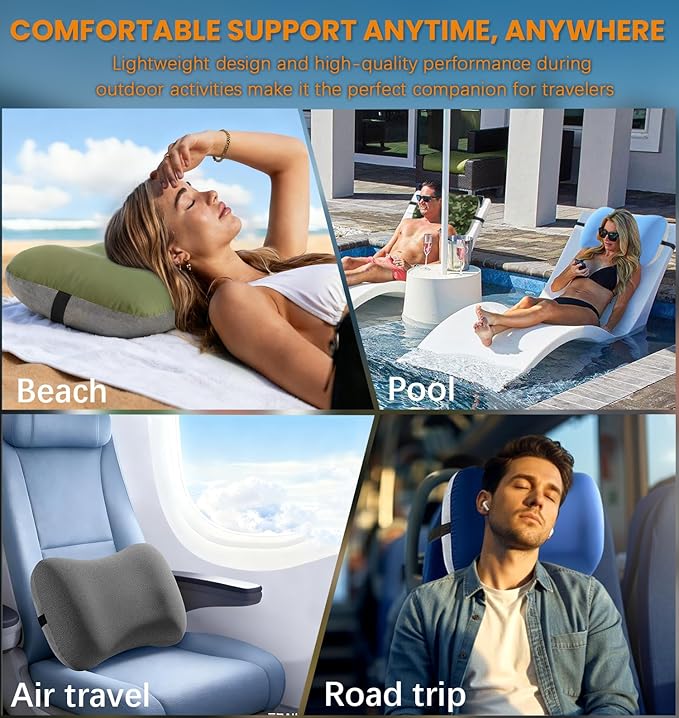 Inflatable Neck Pillow for Travel Camp Beach Small Ultralight Air Blow Up Kilos Gear Tanning Accessories Airplane Seat Cushion Lab Long Flight Essentials Plane Flying Oversea Business Airline Umrah