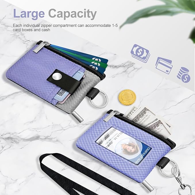 Minimalist RFID Blocking Small Wallet with ID Window,WaterResistant Zip Id Case Wallet with Lanyard Keychain for Cards,Cash,Travel,Women,Men (Lavender Purple/Light gray)