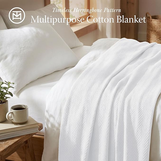 Threadmill Luxury Cotton Blanket for Queen Size Bed | All-Seasons Breathable Oeko TEX 100% Cotton Queen Blanket | Cozy, Soft Fall Thermals fits Full Size Bed, 90x92 inches | White