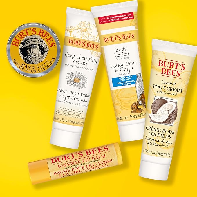 Burt's Bees Essential Everyday Beauty Valentines Day Gifts Set, 5 Travel Size Products - Deep Cleansing Cream, Hand Salve, Body Lotion, Foot Cream and Lip Balm