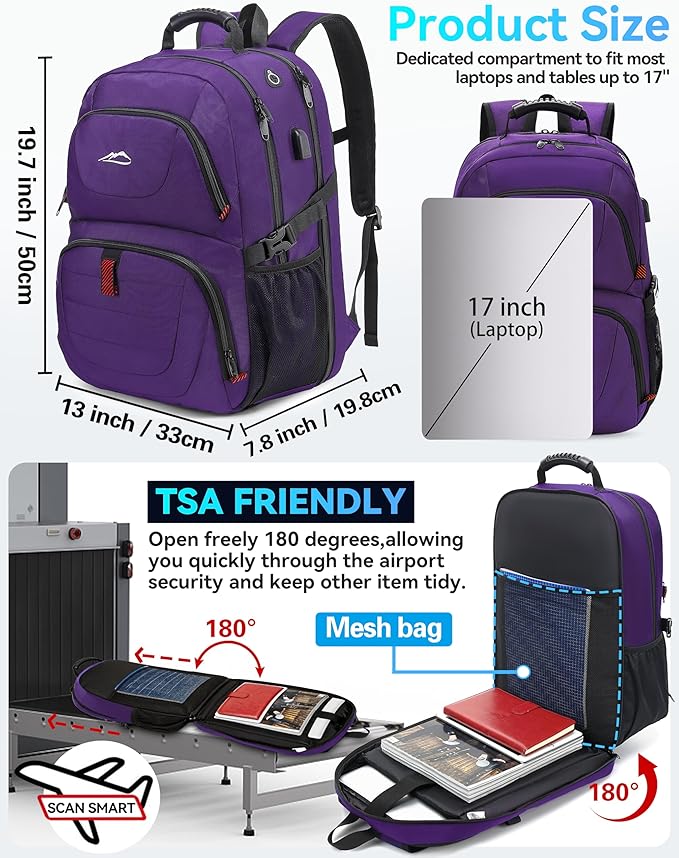 ProEtrade Travel Backpack, Extra Large Laptop Backpack School Business Anti Theft TSA Approved College Work Computer Bag Fits 17 Inch Laptop with USB Charging Port Bookbag for Women Men(Purple)