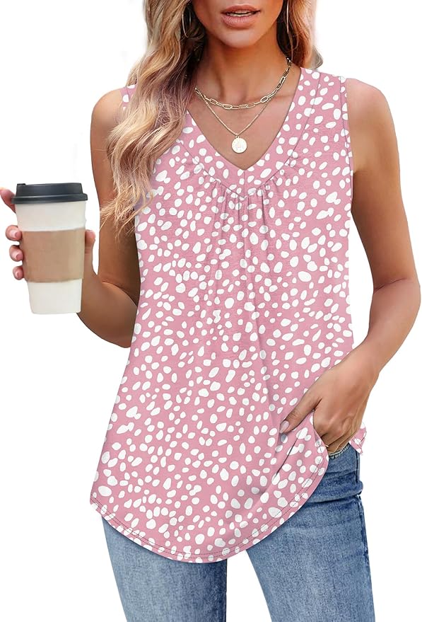 OFEEFAN Tank Top for Women Loose Fit Sleeveless Shirts V Neck Summer Clothes Ruched Women's Tees and Tanks Curved Hem