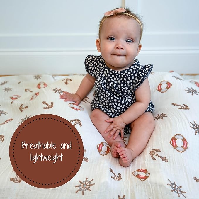 LollyBanks Muslin Swaddle Blanket, 100% Muslin Cotton Neutral Baby Blanket for Girls and Boys, 47 X 47 Inches Soft and Cozy Newborn Swaddle Lightweight, Baby Essential, Registry (Boat Anchor Print)