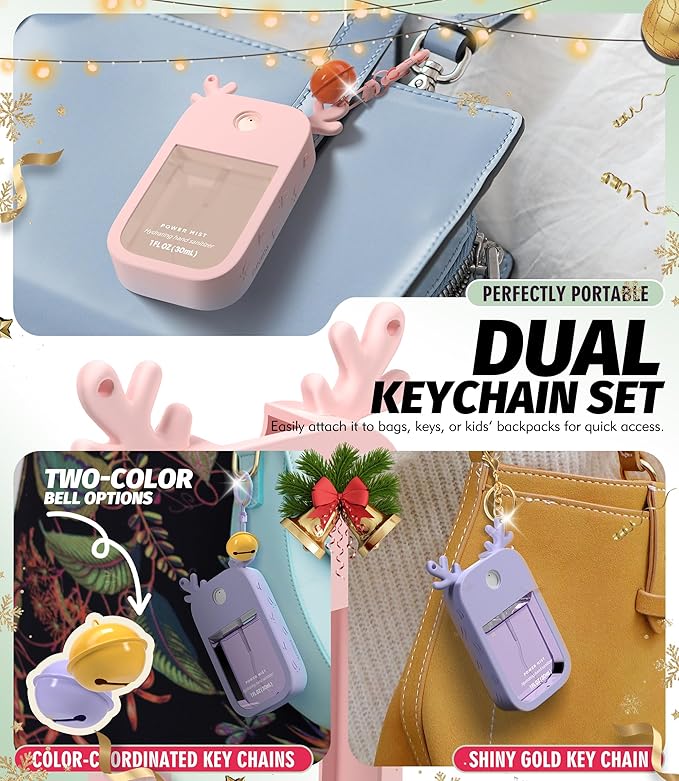 Sonnorel 2 Pack Elk Silicone Case Compatible with Touchland Hand Sanitizer Spray (Fit for 1 FL OZ/30 mL Ver), Portable keychain, Small Bell, Cute Deer Antlers (Pink,Purple)