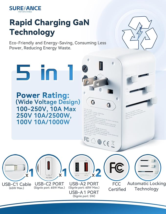 70W Universal Travel Adapter, Plug Adapter with One 65W Fast Charging USB C Cable, 1XUSB-C PD & 2XUSB-A QC, Best Gift Travel Essentials with Type A, C, G, I,J,D Outputs for Europe, Spain