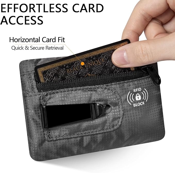 KOSMCCO RFID Blocking Clip Stash Pocket, Compact Hidden Travel Belt Wallet for Cards & Cash - Slim Pickpocket-Proof Design for Everyday Carry (Grey, Medium)