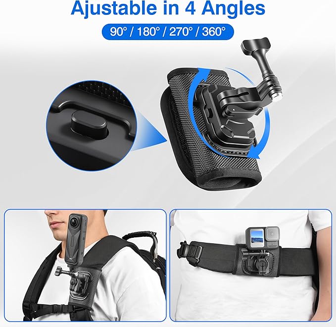 Backpack Mount Shoulder Strap Clip Holder 360° Bag Belt Adjust Quick Release Adapter for Insta360 X5 X4 Air Ace Pro 2 for DJI Osmo 360 Nano Action 6 5 Pro Pocket 3 for GoPro Max2 13 12 11 Accessories