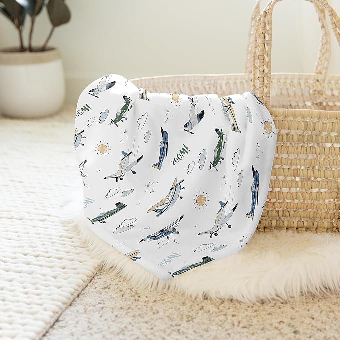 Sweet Jojo Designs Green Vintage Airplane Boy Baby Swaddle Blanket for Infant, Newborn Lightweight Jersey Stretchy Receiving Security Stroller Cover - Airplanes, Transportation, Clouds, Sun, Aviator