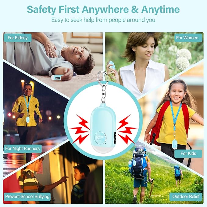 Hion Personal Safety Alarm for Women, 3 Pack Rechargeable 130dB Self Defense Alarm Keychain with LED Flashlight, Emergency Safe Sound Security for Children Elderly, White+Pink+Blue