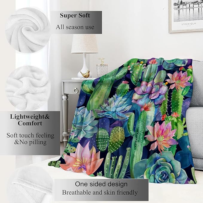 Succulent and Cactus Blanket Plant Garden Throw Blankets Gifts for Kids Adult Lightweight Soft Fleece Cozy for Sofa Couch Bed Room Birthday Boho Spring Decor 50x60in