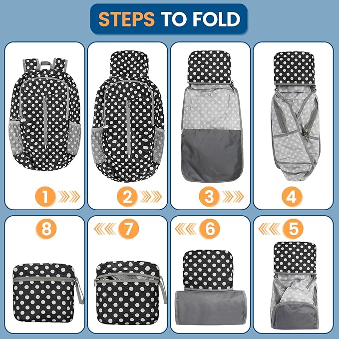 ZOMAKE Ultra Lightweight Packable Backpack 25L - Foldable Hiking Backpacks Water Resistant Small Folding Daypack for Travel(Black,White polka dots)