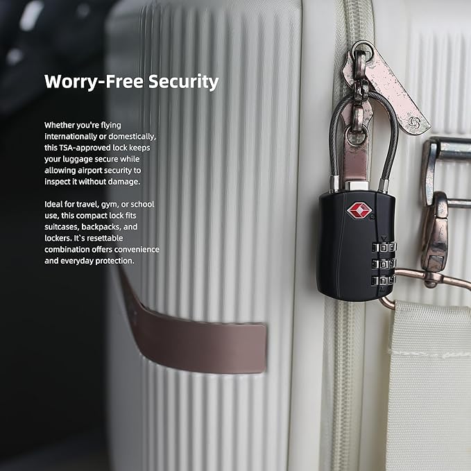 TSA Locks for Luggage, Small Padlock Combination with Cable, Luggage Locks TSA Approved, Combo Padlock with Code, for Travel Suitcase, Gym Locker, Gun Case, Backpack Zipper (Black)