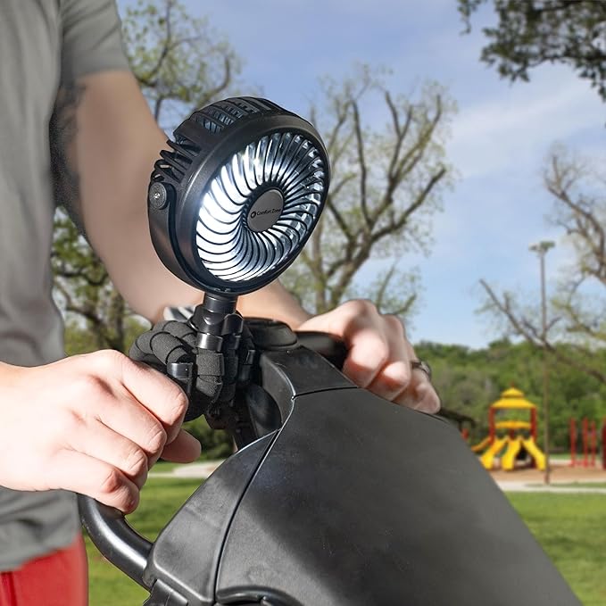 Comfort Zone Portable Stroller Fan – Rechargeable Battery Operated Clip-On Fan with 360° Flexible Tripod & LED Light – 3-Speed Cooling for Car Seats, Cribs, Treadmills & Travel – Black