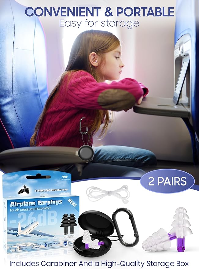 Ear Plugs for Airplane Pressure Relief, Reusable Earplugs for Flying, Kids 6+ & Adults with Small Ears, Soft Silicone Noise Reduction Ear Protection for Travel and Long Flights (26dB)