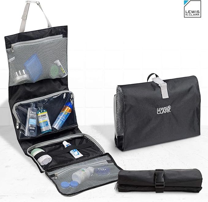 Lewis N. Clark Hanging Toiletry Bag for Travel Accessories, Shampoo, Cosmetics + Personal Items with Waterproof Compartment and Folding Design, Black