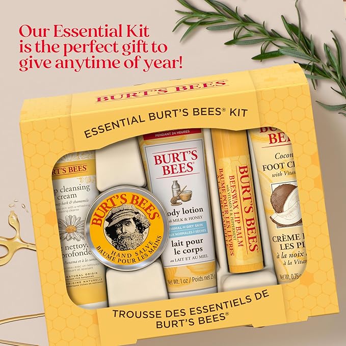 Burt's Bees Essential Everyday Beauty Valentines Day Gifts Set, 5 Travel Size Products - Deep Cleansing Cream, Hand Salve, Body Lotion, Foot Cream and Lip Balm
