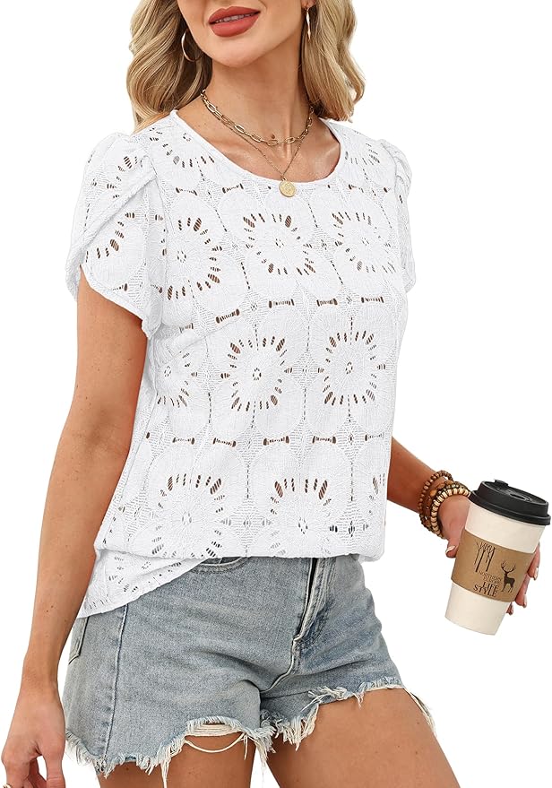 OFEEFAN Blouses for Women Dressy Casual Petal Short Sleeve Shirts Crochet Lace Boho Tops Spring Fashion Summer Outfits