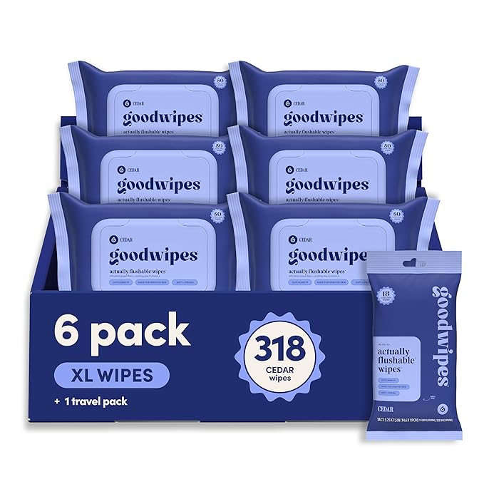 goodwipes Flushable Butt Wipes - Vitamin E & Aloe - Sewer & Septic Safe - Extra Large Adult Wet Wipes For Women & Men - Bathroom Essentials - Cedar, 318 Count (6 Packs + 1 Travel)
