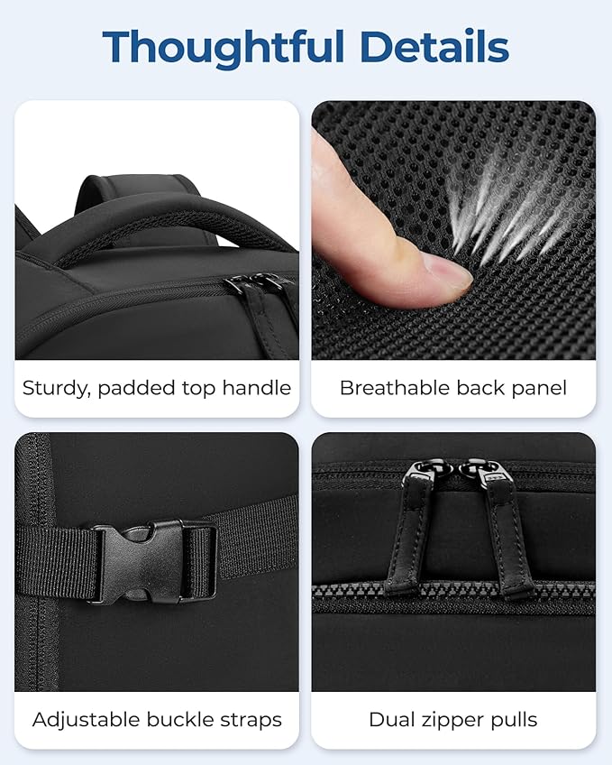 BAGSMART 30L Unisex Black Travel Backpack, 17 Inch Laptop Compartment, Water Resistant, Large Capacity, Padded Strap, Zipper Closure