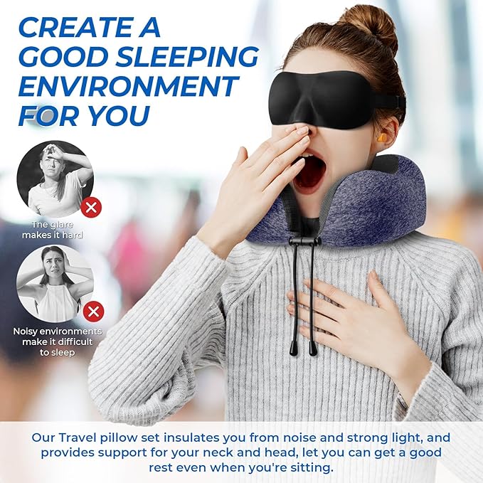 ExploreBliss Travel Pillow, Travel Pillows for Sleeping Airplane, Neck Pillow Airplane, Memory Foam Neck Pillow Set with Eye Mask, Earplugs and Storage Bag -Mottled Blue
