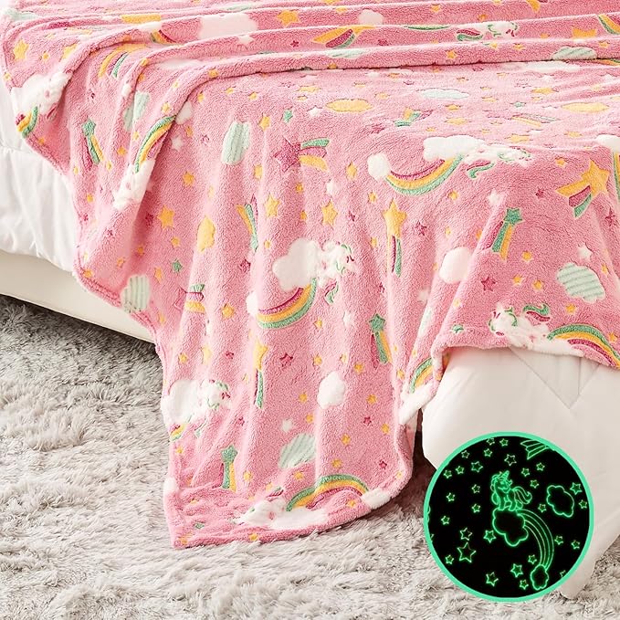 Wajade Rainbow Gifts for Girls - Glow in The Dark Rainbow Blanket Birthday Christmas Decor for Kids Age 3 4 5 6 7 8 9 10 11 12 Years Old Teens Child Toddler Throw Pink 60"x80"