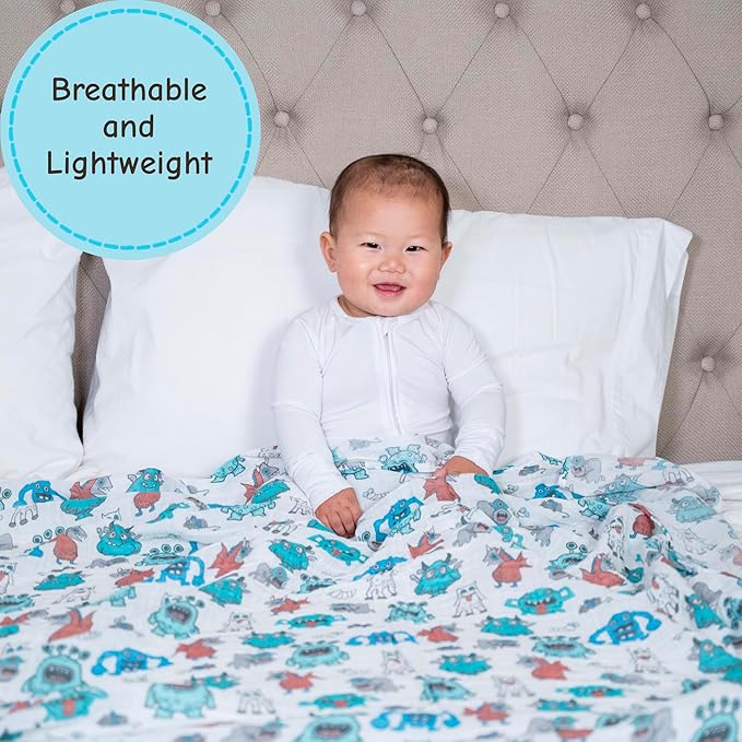 LollyBanks Muslin Swaddle Blankets, 100% Cotton Soft and Breathable Baby Blanket for Boys, 47 x 47 Inches Receiving Blankets, Lightweight Newborn Swaddles, Nursery Must Haves (Monsters Print)