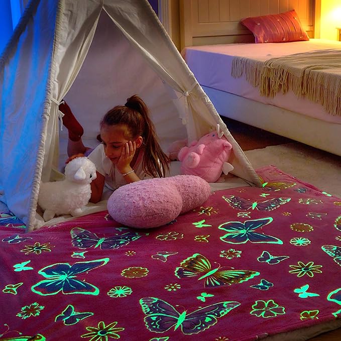 Wajade Glow in The Dark Butterfly Blanket for Girls, Soft Cozy Flannel Kids Throw Blanket for Boys and Girls, Cute Kids Blanket for Sofa Couch Bed, Christmas Birthday Gift 60"x80"