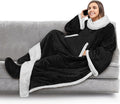 PAVILIA Sherpa Blanket with Sleeves, Foot Pocket for Women Men Adults, Thick Wearable Blanket Throw Wrap, Fleece Warm Snuggle Blanket Robe, Cozy Gift Ideas Wife Mom, Black