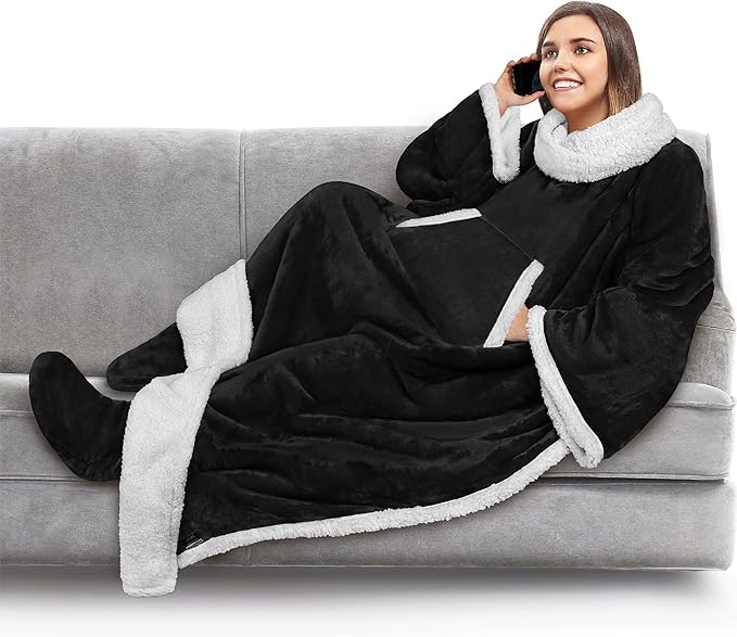 PAVILIA Sherpa Blanket with Sleeves, Foot Pocket for Women Men Adults, Thick Wearable Blanket Throw Wrap, Fleece Warm Snuggle Blanket Robe, Cozy Gift Ideas Wife Mom, Black