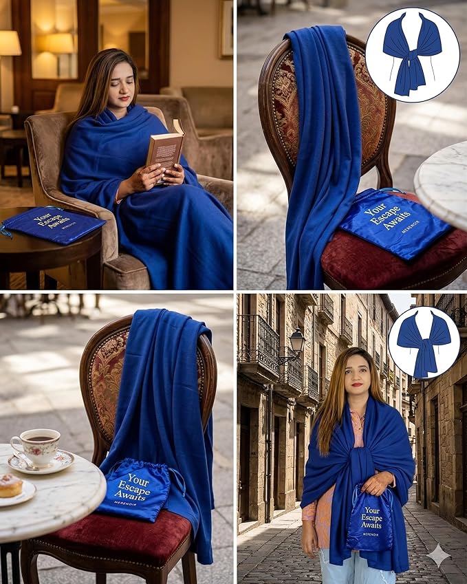Wayfarer Shawl with Pouch | Voyagers Comfort Set with Luxury Travel Scarf, Eye Mask, Satin Scrunchies & Travel Pouch