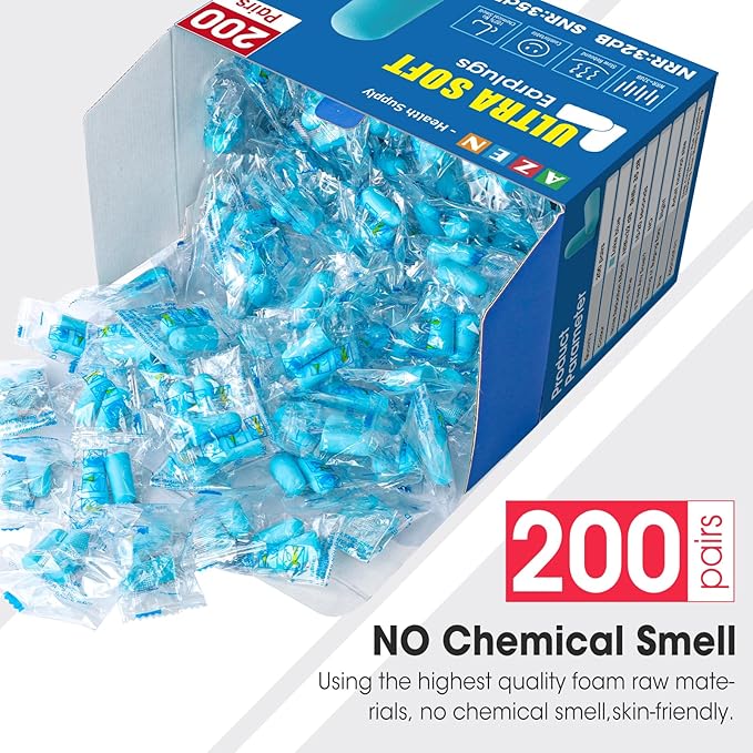 AZEN 200 Pairs Ear Plugs, NRR 32dB Soft Foam Ear Plugs for Sleeping Noise Cancelling, Earplugs for Concerts Shooting Swimming Noise Reduction,Individually Wrapped (Lake Blue)