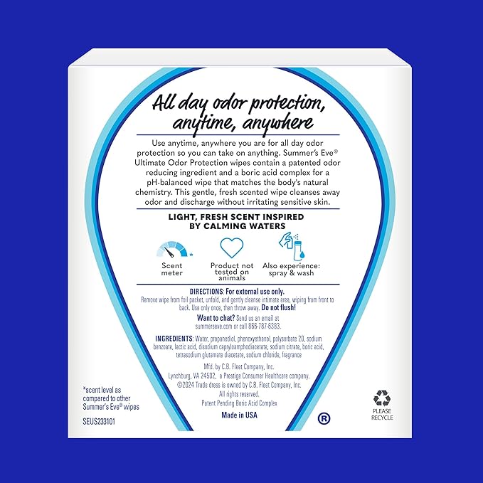 Summer's Eve Ultimate Odor Protection Daily Feminine Wipes, Gentle pH-Balanced Formula with Boric Acid Cleanses & Removes Vaginal Odor, Individually Wrapped Body Wipes, 12 Count