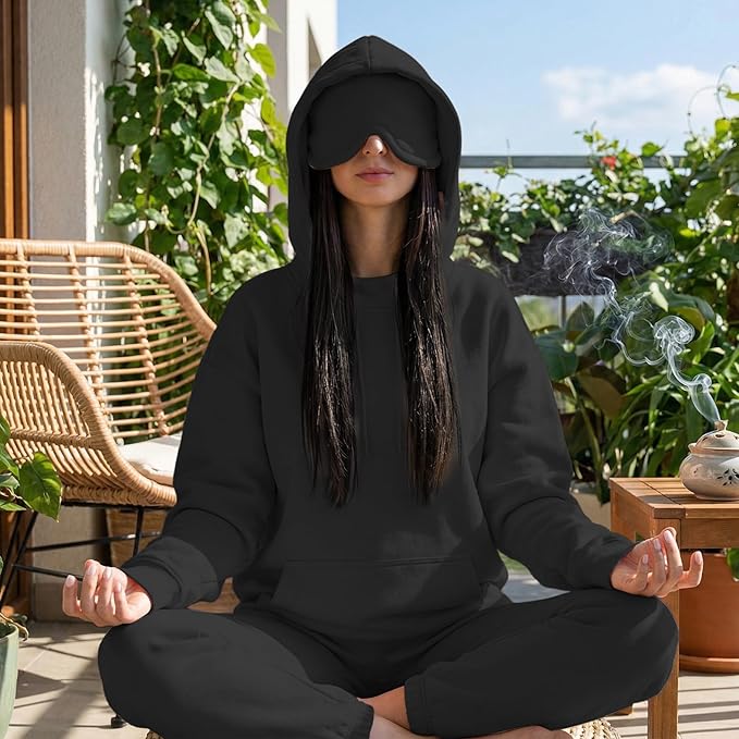 Ainangua Womens Oversized Pullover Essentials Hoodie with Eye Mask Comfor Airplane Mode Travel Office Vacation Sweatshirt