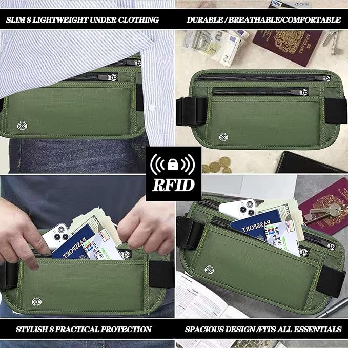 Green Hidden Money Belt for Travel for Men, Waist Wallet Anti Theft, RFID Passport Holder For Travel Men Or Women, Money Pouch, RFID Passport Holder
