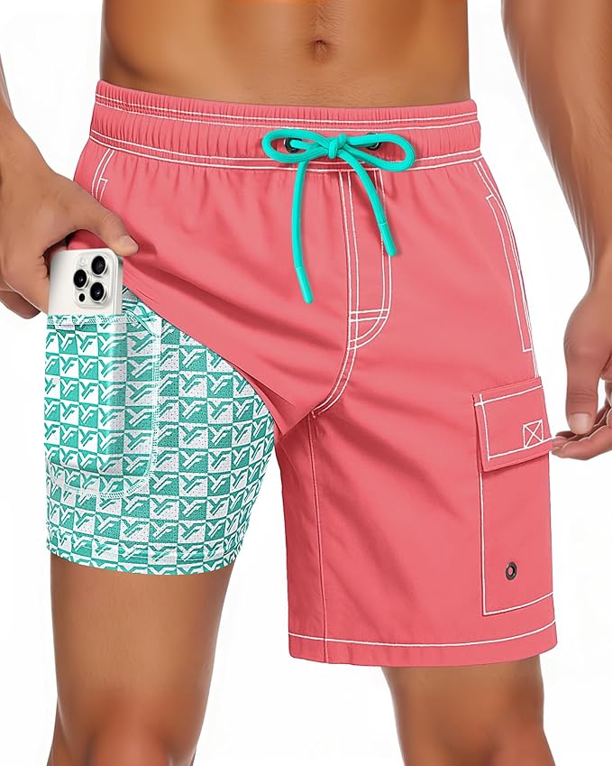 Men Swim Trunks with Compression Liner Quick Dry Breathable Multi Pockets for Summer Beach Cruise Water Park