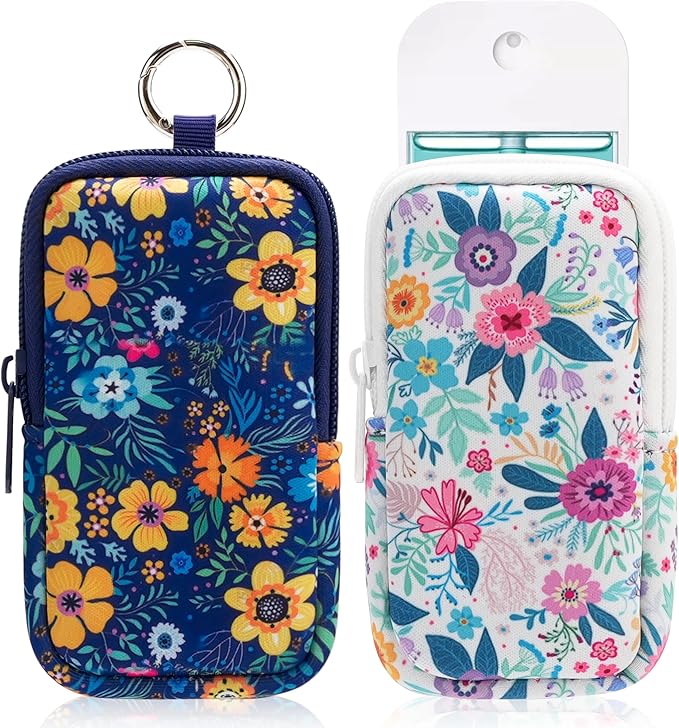KJQJLY 2 Pack Hand Sanitizer Holder Pouch, Zippered Portable Sanitizer Case with Cute Pattern, Keychain D-Ring for Purse, Backpack & Travel
