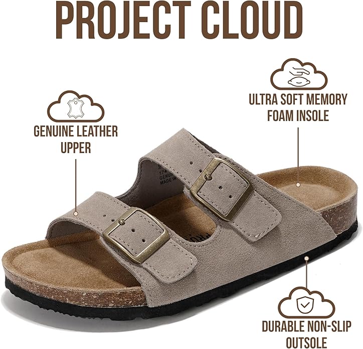 Project Cloud 100% Genuine Leather Flat Sandals For Women 2026 Cork Footbed Womens Sandals with Memory Foam and arch support Vacation Essentials Slides for Women Footwear (Venita)