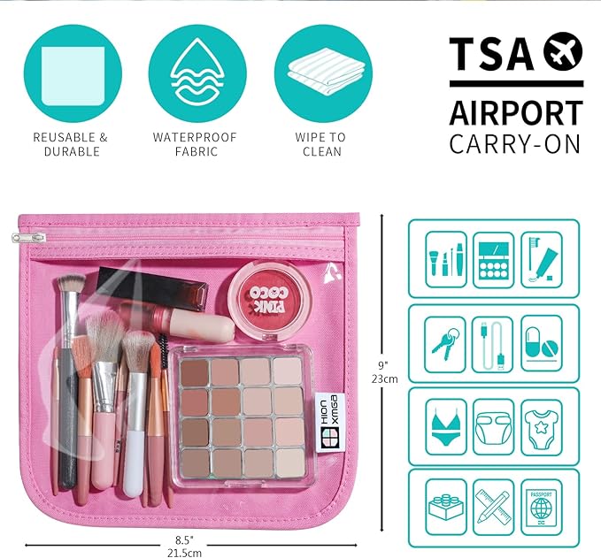 HIONXMGA TSA Approved Toiletry Bag, Set of 3 Clear Travel Toiletry Bag Quart Size Zipper Travel Pouch, Waterproof Makeup Cosmetic Bag for Women Men Kids Toiletries Carry on, Pink Large