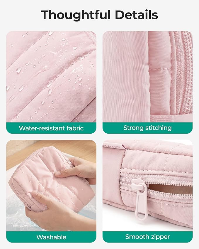 BAGSMART Small Travel Makeup Bag for Purse Toiletry Pouch, Puffy Padded Mini Cosmetics Bag, Cute Make Up Pouch for Women with Slip-in Pocket, Travel Essentials for Toiletries, Strip Khaki