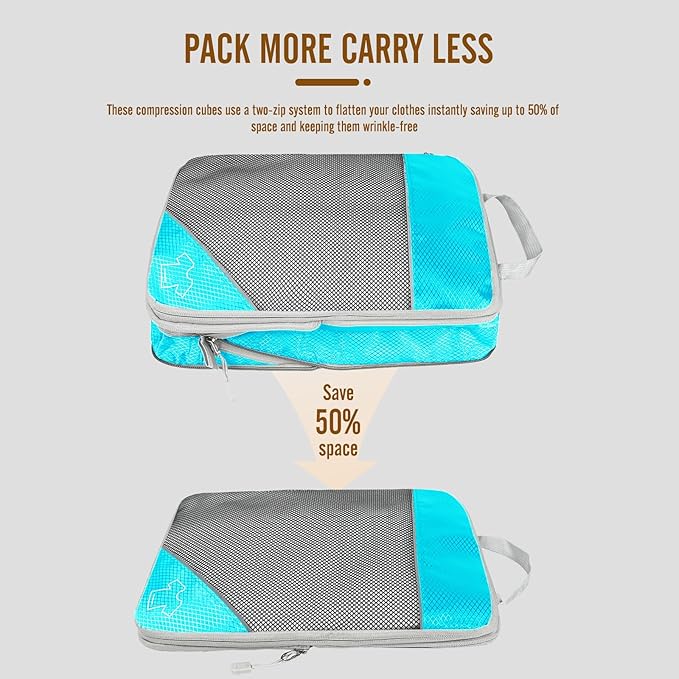 8 Set Compression Packing Cubes for Travel, Expandable Luggage Organizer with Shoe Bag & Laundry Bag - Lightweight Suitcase & Backpack Travel Essentials (Sky Blue)
