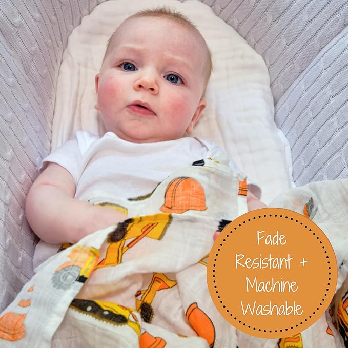 LollyBanks Muslin Swaddle Blanket, 100% Muslin Cotton Baby Blankets for Boys, 47 X 47 Inches Newborn Receiving Blanket, Swaddles for Newborns Baby Boy, Registry (Fun Construction Theme Print)