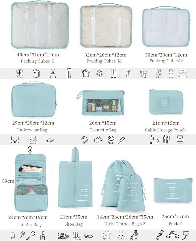 Anjing 11 Set Packing Cubes for Travel, Space-Saving Luggage Organizers, Suitcase Organizer Bags Set, Essentials for Carry-on Suitcases, Lake Blue (WMUS20230315X01-3)
