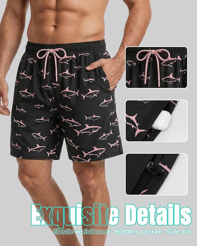 7 Inch Men Swim Trunks with Compression Breathable Liner Quick Dry Zipper Pockets for Pool Board Beach Cruise