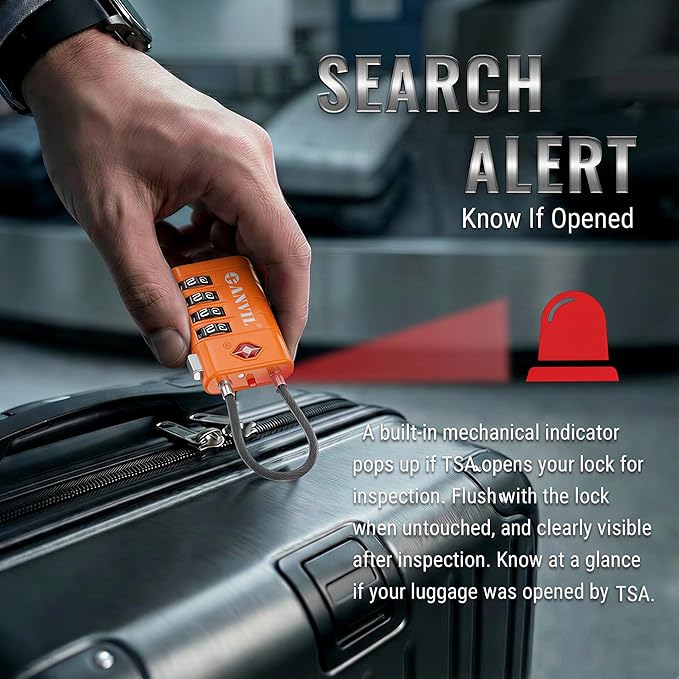 ANVIL TSA Approved Luggage Locks with Search Alert Indicator, 4-Digit Combination Suitcase Lock, Advanced TSA008 Core Heavy Duty Anti-Theft Travel Lock for Double Zippers, Backpacks (2, Orange)